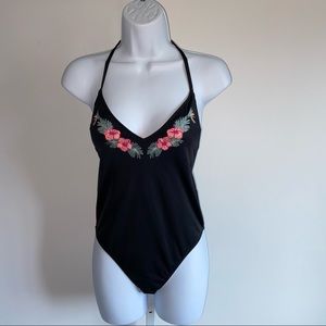 Victoria’s Secret PINK One Piece Swimsuit Black Halter  Floral Appliqué Sz Small